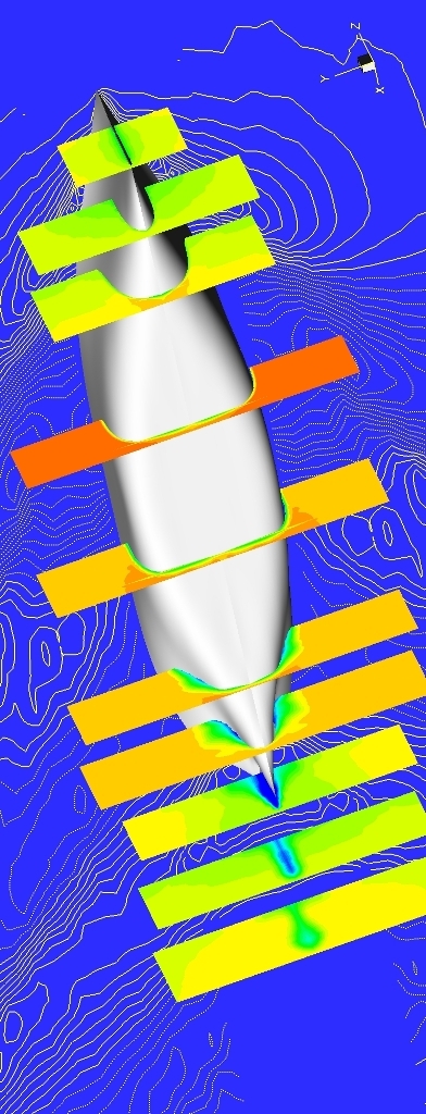 Graphic showing flow field contours of axial velocity and wave field contours