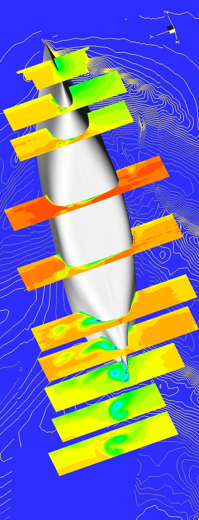 Graphic showing flow field contours of axial velocity and wave field contours for the Series 60